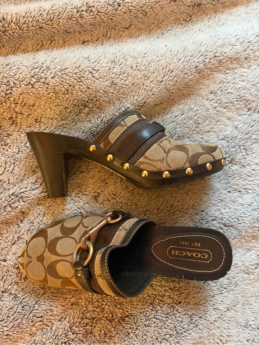 Coach Tan & Brown Signature Canvas Clog Heels